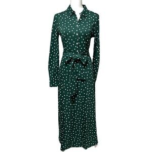 NWT BODEN Green Polka Dot Shirt Dress Tie Waist Midi Cotton/Tencel Jersey Sz 6 L